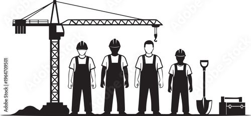 Construction workers and crane vector illustration industrial site scene.