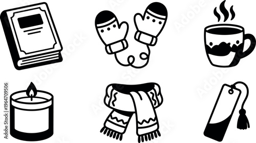Black and white line art winter book mittens coffee candle scarf and bookmark icons