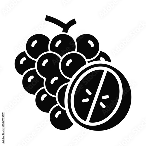 Black and white icon of grapes and a sliced grape