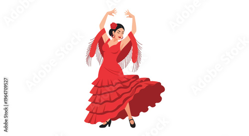 A vibrant illustration depicts a flamenco dancer in a red dress arms raised in passionate motion silhouette high quality professional detailed
