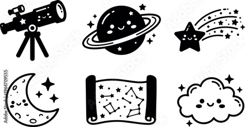 Cute black and white vector art of telescope planet star moon constellation cloud