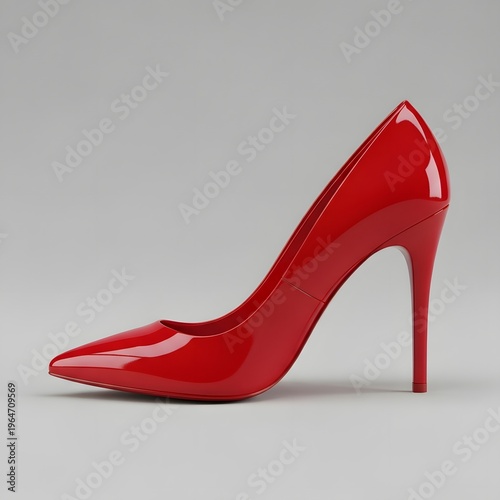 Striking glossy red stiletto high heel pump stands elegantly showcasing sharp pointed toe design