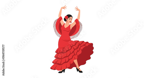 A vibrant illustration depicts a flamenco dancer in a red dress arms raised showcasing passionate movement silhouette high quality professional