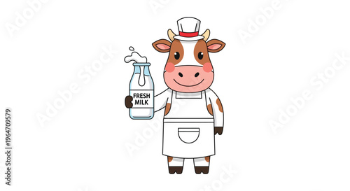 A charming cartoon cow cheerfully presents a bottle of fresh milk showcasing a delightful silhouette high quality professional detailed modern elegant