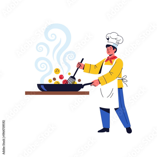 A chef in a white apron and hat cooks food in a pan with steam rising