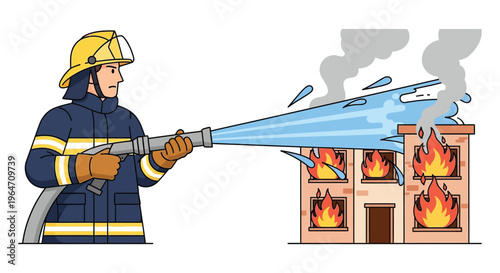 A brave firefighter directs a water hose towards a burning building showcasing a striking silhouette high quality professional detailed modern elegant