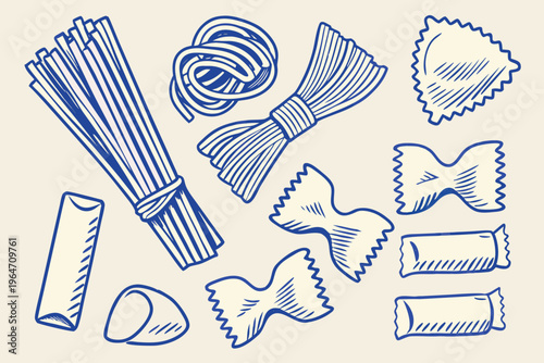 A hand drawn illustration of various types of italian pasta