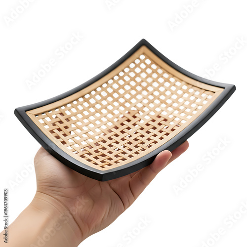 Hand holding rectangular woven rattan cane tray with black wooden frame on transparent background
