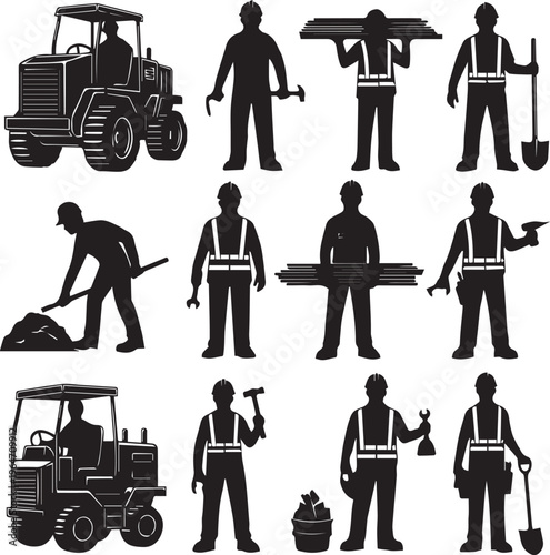 Collection of construction worker silhouettes and heavy machinery vehicles.