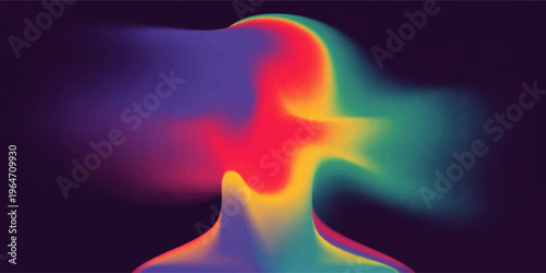Vibrant abstract human head silhouette with flowing neon gradient colors on dark background, surreal digital art illustration