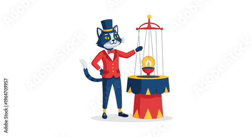 An anthropomorphic cat in a red coat performs with a levitating lamp showcasing a whimsical circus scene silhouette high quality professional