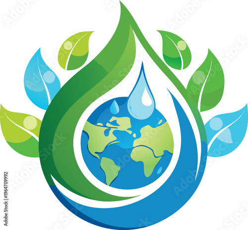 Earth with leaves and water droplets on white background