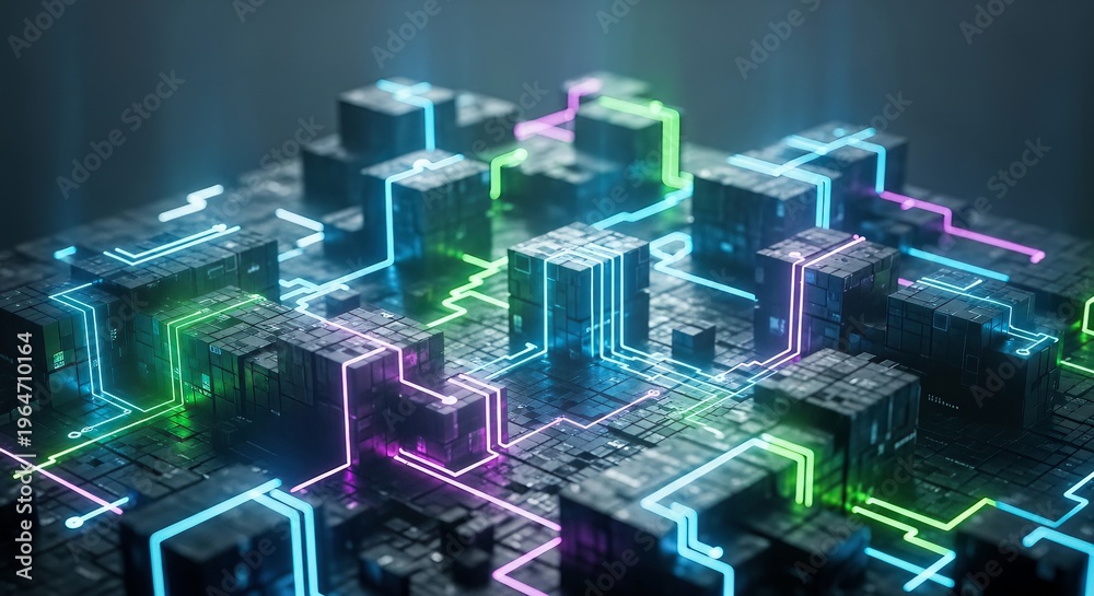 Obraz premium A futuristic cityscape with neon lights and glowing circuits on a dark background with technology and innovation