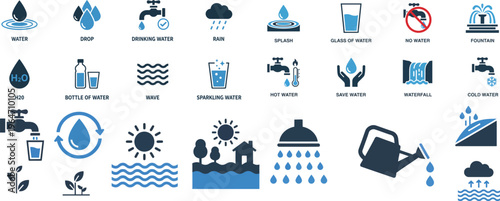 Water Icon Set – Drinking Water, Rain, Bottle and Wave Vector Icons