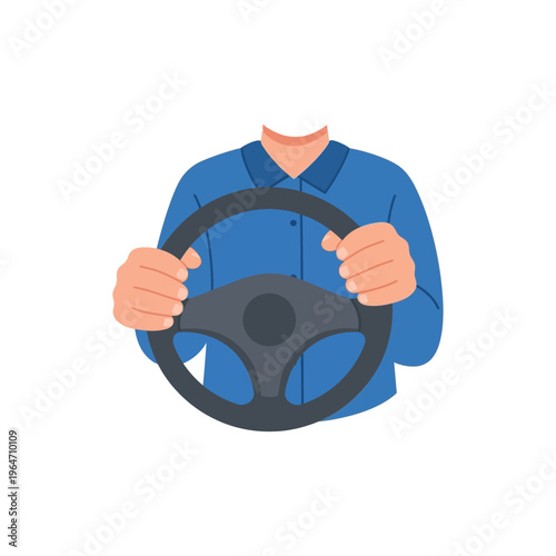 Illustrative depiction of human hands actively holding a car's steering wheel during a trip