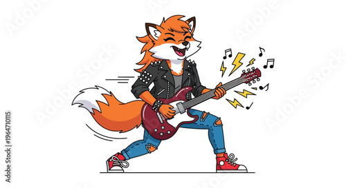 A cheerful anthropomorphic fox energetically plays a red electric guitar embodying rock and roll style silhouette high quality professional detailed