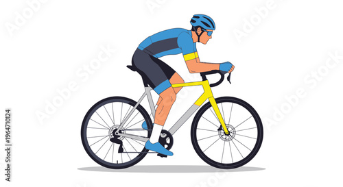 A cyclist rides a yellow road bike depicted in a flat colorful style showcasing a dynamic pose silhouette high quality professional