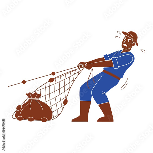 Fisherman struggles to pull a heavy net filled with bounty from the sea