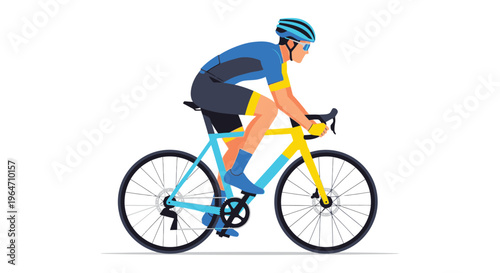 A cyclist in dynamic motion rides a bright yellow bicycle vividly illustrated in a flat design silhouette high quality professional detailed
