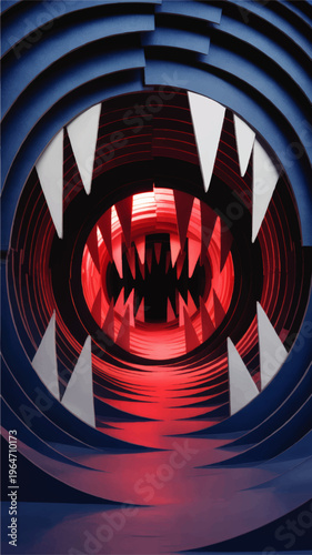 Futuristic red tunnel with sharp teeth shapes and blue circular layers, abstract monster mouth concept for sci fi technology backgrounds