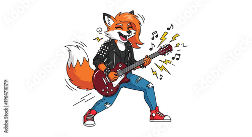 An anthropomorphic fox joyfully plays a red electric guitar surrounded by musical notes in a vibrant silhouette high quality professional detailed
