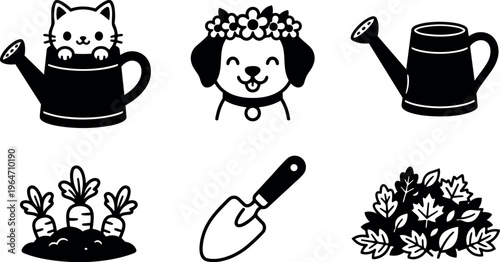 Black and white gardening icons cat dog watering can shovel and plants