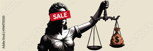 Lady Justice for sale concept, corrupt law and bribery metaphor with money bag on scales, legal injustice illustration on beige background