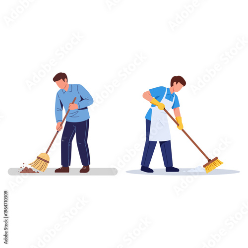 Men sweeping floors, engaged in both professional cleaning and everyday household tidying tasks