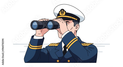 A detailed illustration depicts a sailor using binoculars focusing intently on the horizon a striking silhouette high quality professional modern elegant