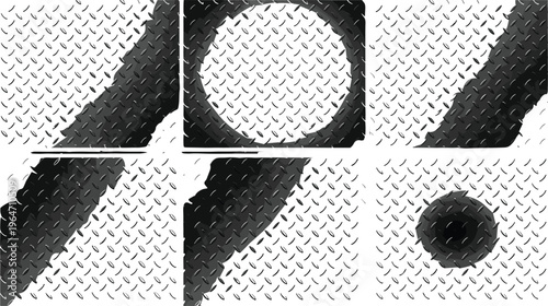 Diamond plate metal texture vector set featuring industrial steel tread patterns with dark grunge overlays for automotive workshop flooring and heavy duty construction backgrounds.