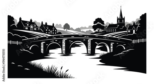 A striking black and white illustration depicts a picturesque arched bridge over a river featuring a village silhouette high quality professional