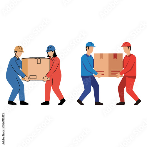 Diligent Workers Collaborating to Carry Cardboard Boxes, Symbolizing Efficient Moving and Logistics Services