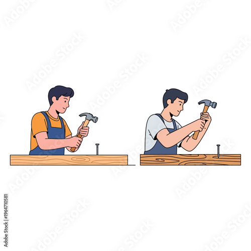 Detailed Illustration of a Carpenter Skillfully Hammering Nails into a Wooden Plank