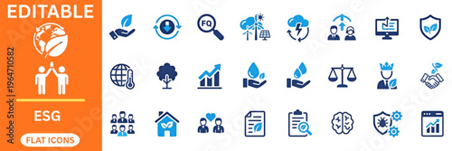 Environmental social and governance flat icons for sustainable corporate growth. Leaf, recycling, search, wind energy, solar, team, monitor, shield