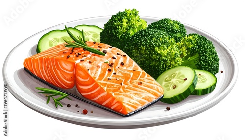 A vibrant digital illustration showcases a plated meal featuring a cooked salmon fillet, broccoli florets, and sliced cucumbers, all arranged on a white plate