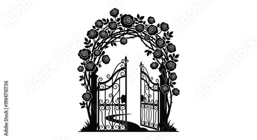An ornate black wrought iron gate adorned with roses and foliage presented as a striking silhouette high quality professional detailed modern