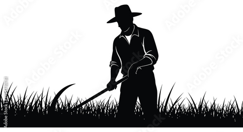 A stark black silhouette of a man with a hat using a scythe amidst tall grass presents a rural scene silhouette