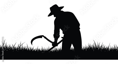 A striking black silhouette depicts a farmer with a scythe working in tall grass evoking rural life silhouette high quality professional