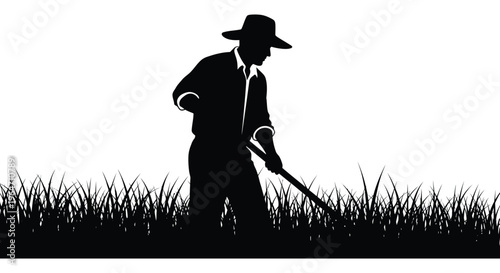 A striking black silhouette of a man with a hat seemingly mowing grass in a field silhouette high quality professional detailed
