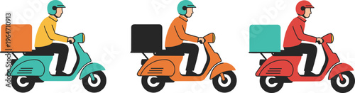 Fast food delivery courier man riding motor scooter with cargo box on back flat vector illustration set isolated on white background