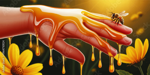 Golden honey dripping on human hand with honeybee and yellow flowers, close up vibrant nature illustration for beekeeping and organic health
