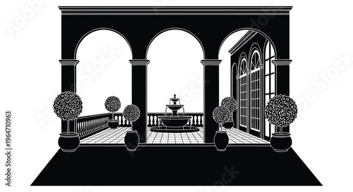 An elegant architectural scene featuring a courtyard with arched openings a fountain and topiaries silhouette high quality professional detailed modern stylish