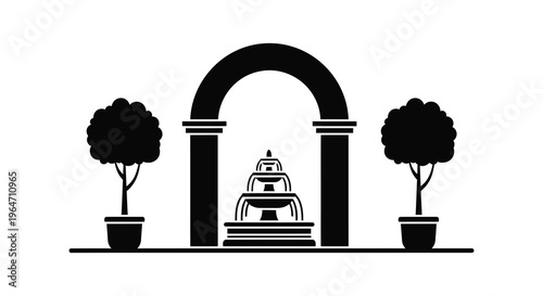 A striking black silhouette depicts an ornamental garden with a tiered fountain and arched gateway silhouette high quality professional detailed modern