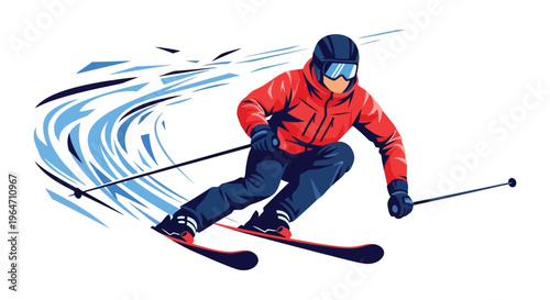 A dynamic illustration depicts a skier in motion surrounded by speed lines presented as a striking silhouette high quality professional detailed