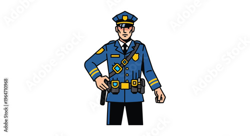 A colorful illustration depicts a uniformed police officer standing at attention a distinct graphic silhouette high quality professional detailed modern elegant