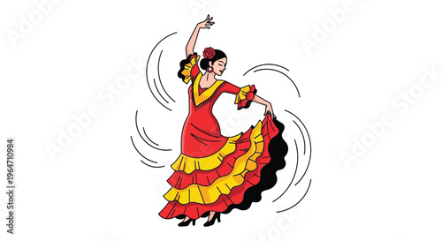 A vibrant illustration depicts a flamenco dancer in a swirling red and yellow dress showcasing a dynamic silhouette high quality professional