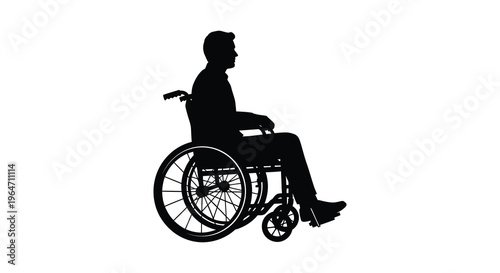 A stark black silhouette depicts a man seated in a wheelchair highlighting mobility and accessibility silhouette high quality professional detailed modern