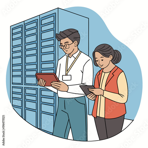 business man and woman. Male DevOps Engineer and Female IT Consultant Using a Tablet Computer, Standing in an Office Above the Rows of Servers in a Data Center, Developing Automation Scripts for Artif