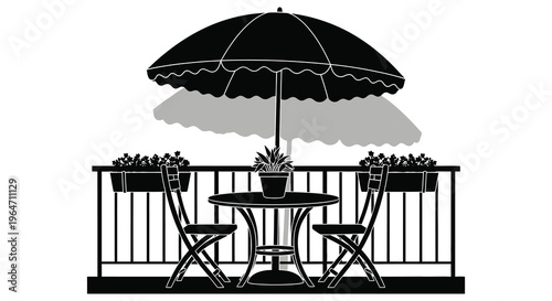 A minimalist black and white depiction of a patio with an umbrella table and chairs presented as a silhouette high quality