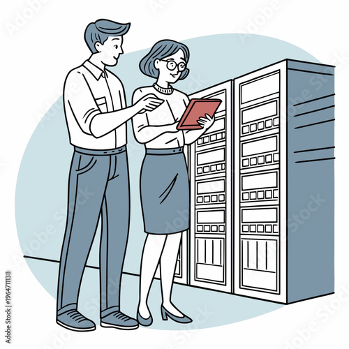 man and woman in front of the mirror. Male DevOps Engineer and Female IT Consultant Using a Tablet Computer, Standing in an Office Above the Rows of Servers in a Data Center, Developing Automation 